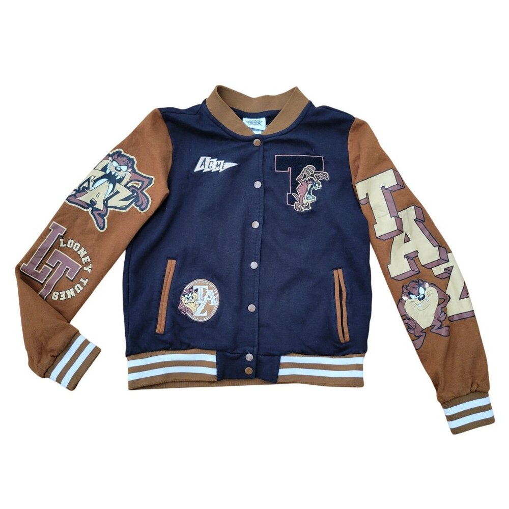 Looney Tunes Taz Acme‎ Varsity Jacket Brown Black Bomber Youth 14 16
